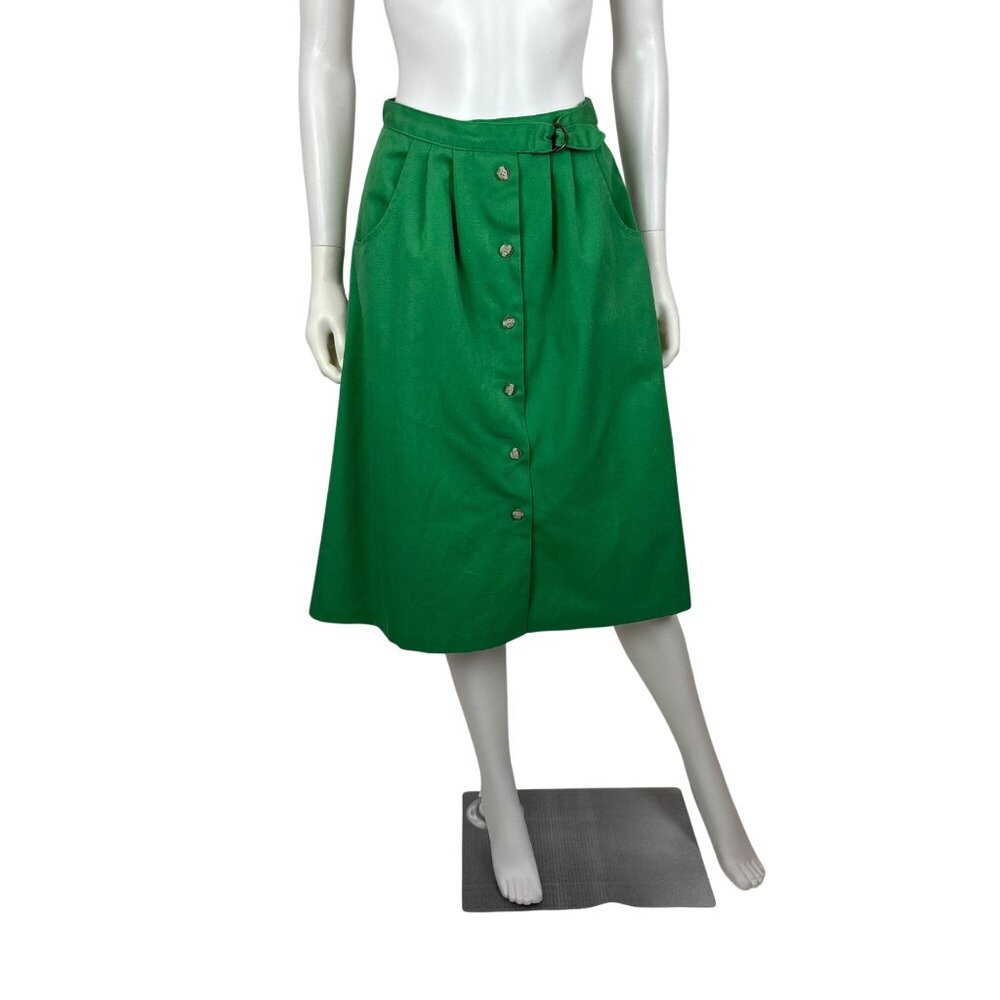 Vintage 80s Green Skirt Womens Extra Small Button Up A Line Buckle Waist